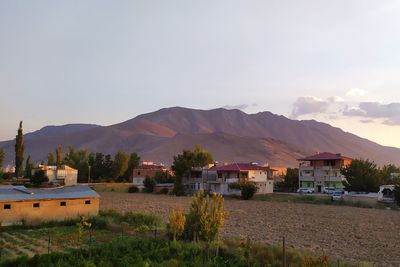 Houses on field by buildings against sky