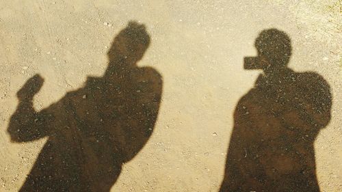 Shadow of friends on field during sunny day