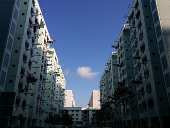 Low angle view of buildings against blue sky