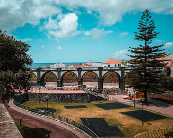 Arch bridge over river against sky