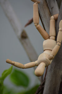 A wooden mannequin hanging upside down from a bamboo stem