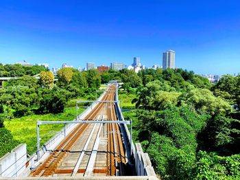 High angle view of railroad tracks against clear blue sky