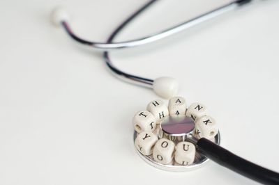 High angle view of electric lamp on table against white background