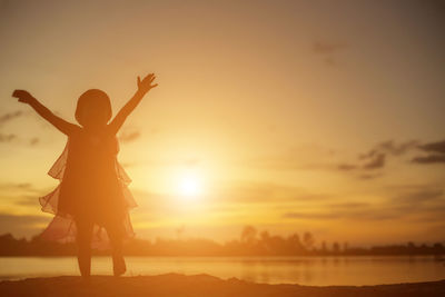 Rear view of silhouette person standing on land against sky during sunset