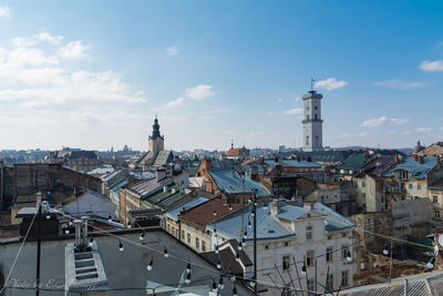 High angle view of buildings in city