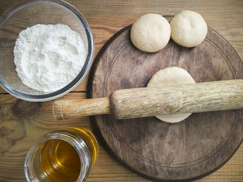 High angle view of bread on cutting board