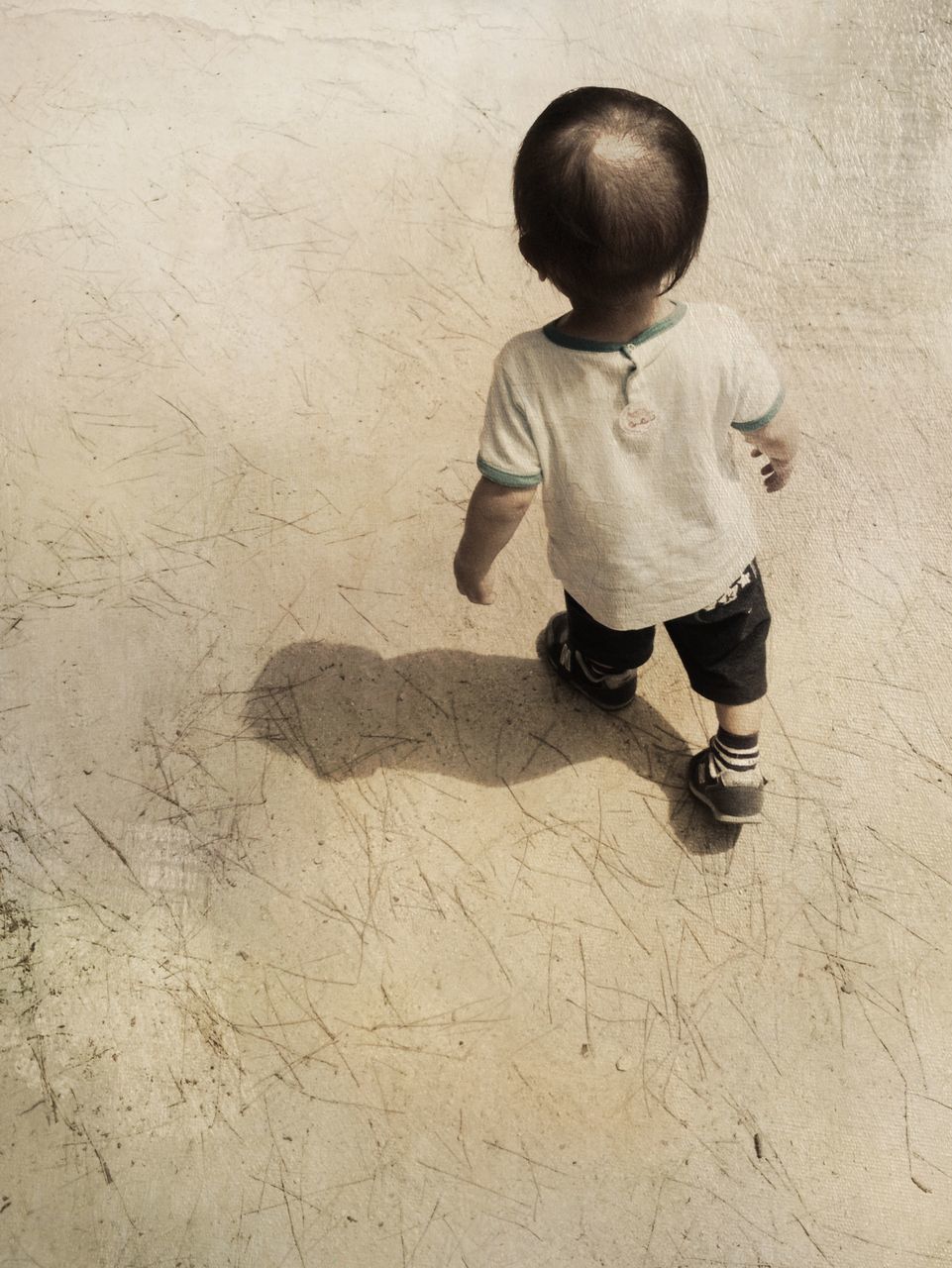 childhood, full length, casual clothing, lifestyles, leisure activity, boys, elementary age, innocence, standing, girls, wall - building feature, person, rear view, high angle view, sunlight, walking, shadow, day