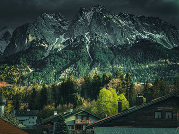 Trees and mountains against sky