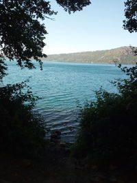 Scenic view of lake against clear blue sky