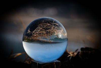 Close-up of crystal ball on glass