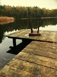 Wooden table by lake in park