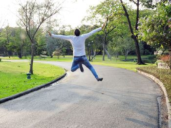 Rear view of man jumping in park