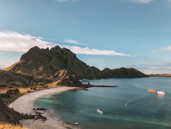 Scenic view of sea and mountains against sky