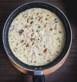 High angle view of bread in bowl on table