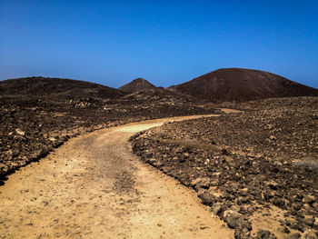 Scenic view of desert against clear blue sky