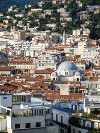 High angle view of buildings in town