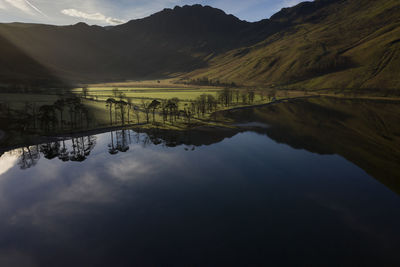 Scenic view of lake and mountains against sky