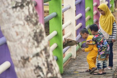 Children feeding leaf to deer at zoo