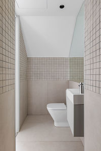 Interior of narrow bathroom with small sink and toilet. shower zone of modern bathroom with tiles. 