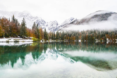 Scenic view of lake by snowcapped mountains against sky