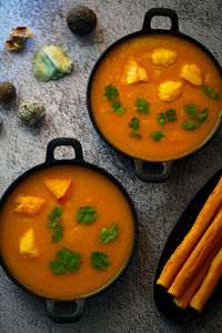 High angle view of soup served on table