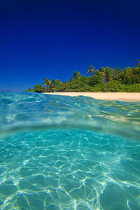 Scenic view of sea against clear blue sky