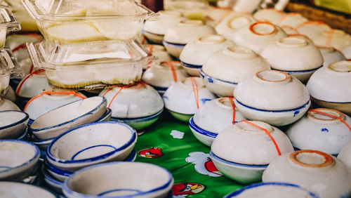 High angle view of thailand street food on table