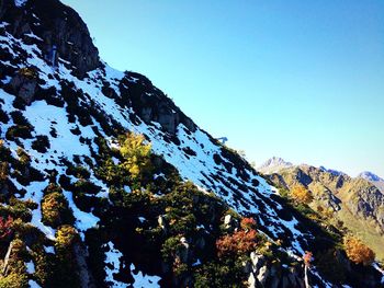 Low angle view of snowcapped mountains against clear sky