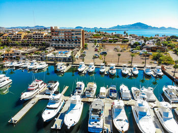 Panoramic view of boats moored in harbor