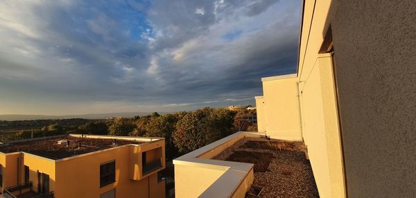 High angle view of buildings against sky