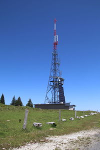 Traditional windmill on field against clear blue sky