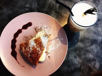 High angle view of dessert in plate on table