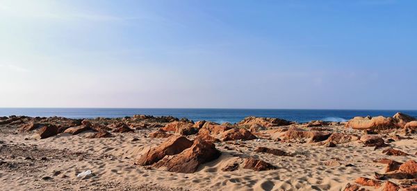 Scenic view of rocks on beach against sky