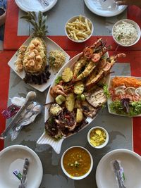 High angle view of food served on table