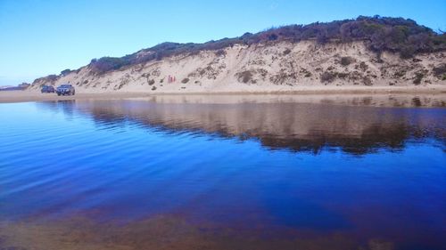 Scenic view of lake against clear blue sky