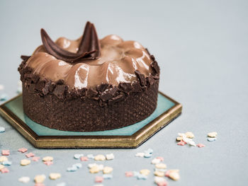 Close-up of chocolate cake on table