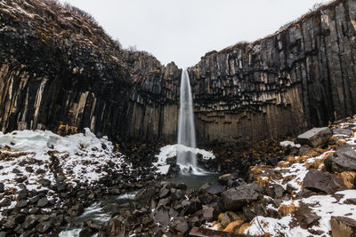 Scenic view of waterfall against sky during winter