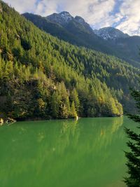 Scenic view of lake by mountains against sky