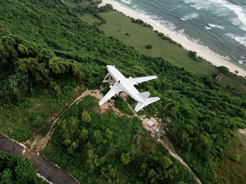 High angle view of airplane on mountain