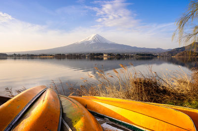 Scenic view of lake by mountains against sky