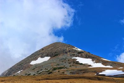 Low angle view of snowcapped mountain against sky