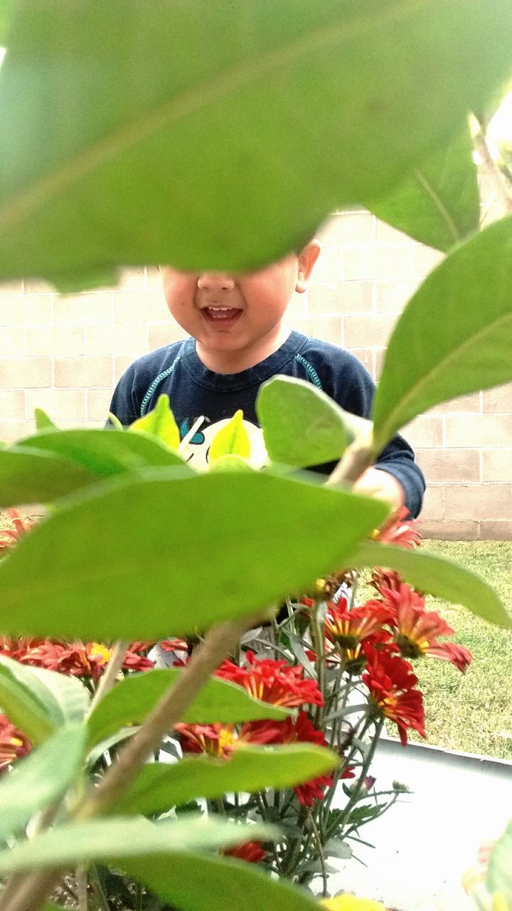 FULL LENGTH OF SMILING BOY ON GREEN LEAF