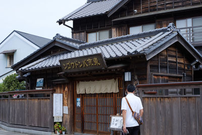 Rear view of man outside building