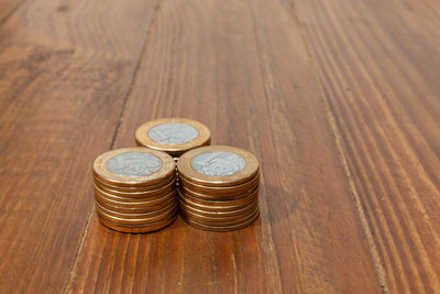 High angle view of coins on table