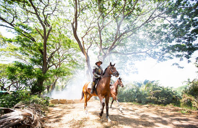 Person riding horse by tree