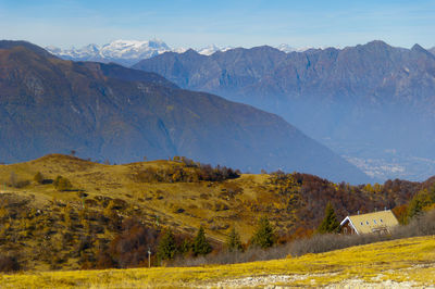 Scenic view of landscape and mountains against sky