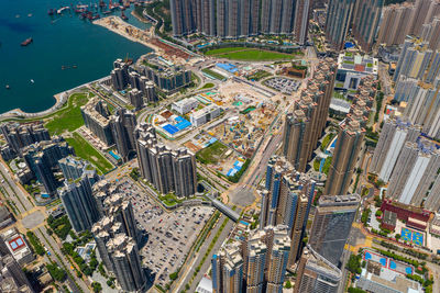 High angle view of city buildings