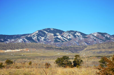 Scenic view of mountains against clear blue sky