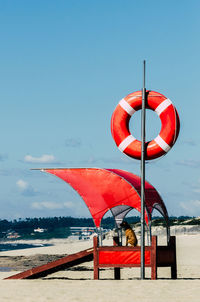 Lifeguard dog by a beach with baywatch float with copy space