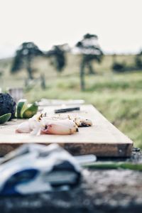 Close-up of old wooden table on field against sky